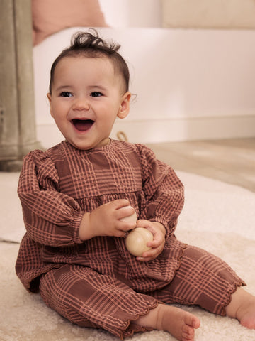 Brown/Pink Check Baby Woven Top and Trousers 2 Piece Set (0mths-2yrs)