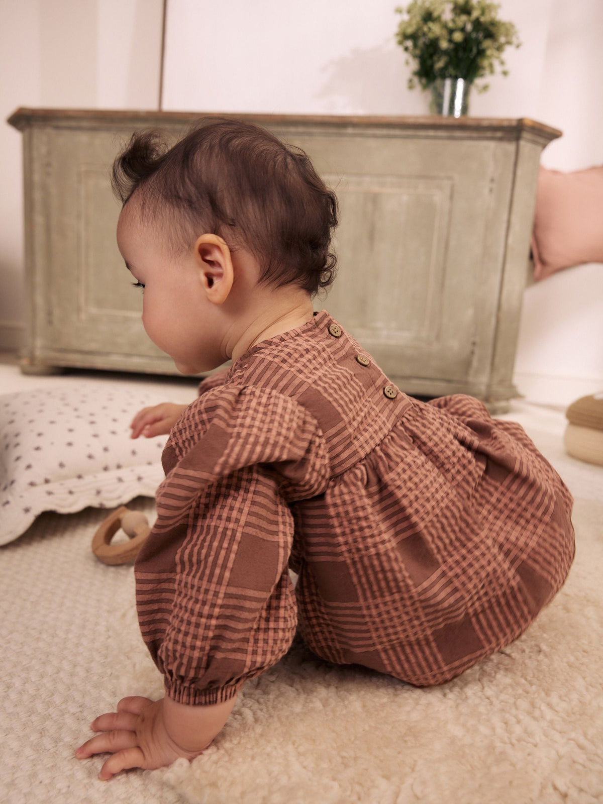 Brown/Pink Check Baby Woven Top and Trousers 2 Piece Set (0mths-2yrs)