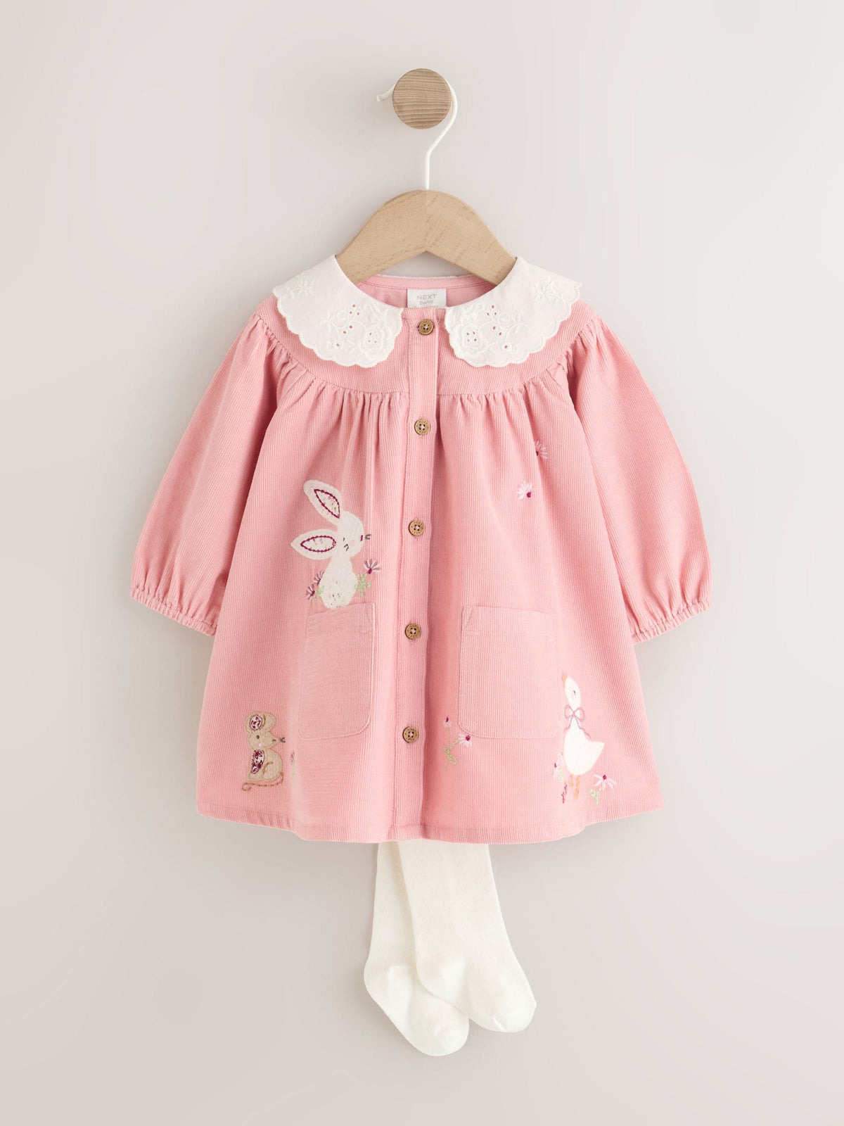Pink Bunny Embroidered Cord Dress and Tight Baby 2 Piece Set (0mths-2yrs)