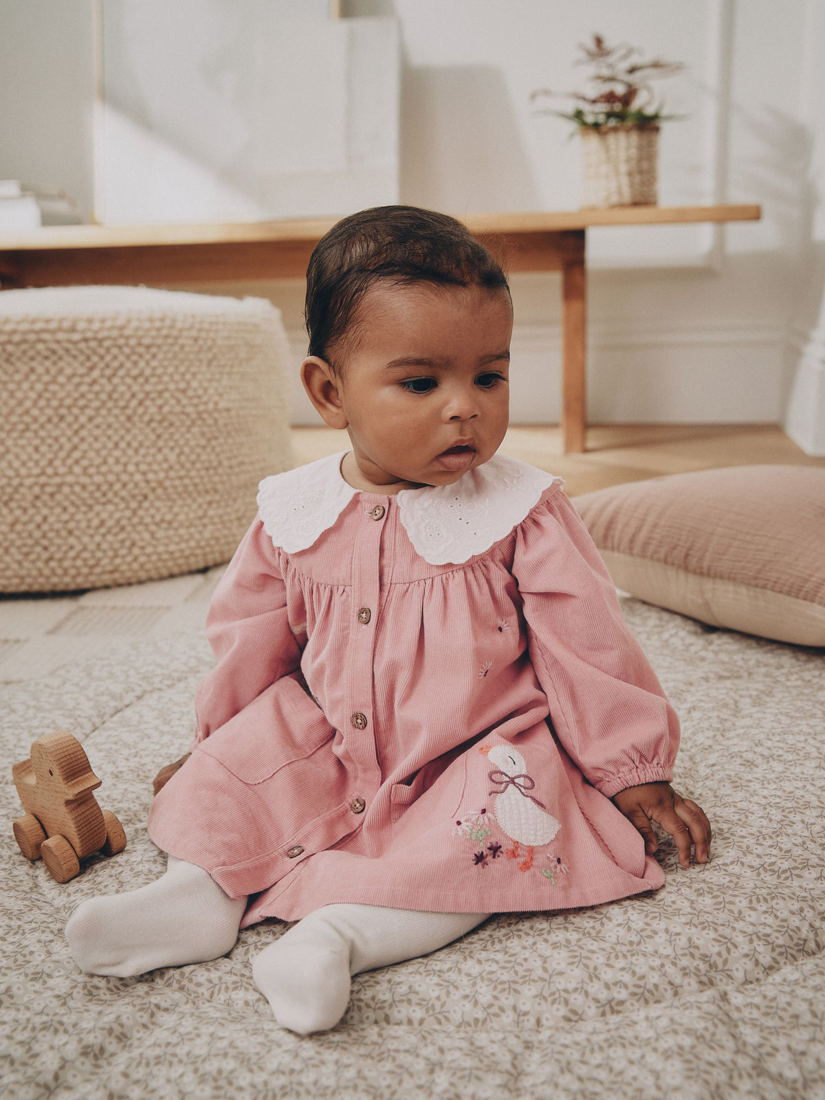 Pink Bunny Embroidered Cord Dress and Tight Baby 2 Piece Set (0mths-2yrs)