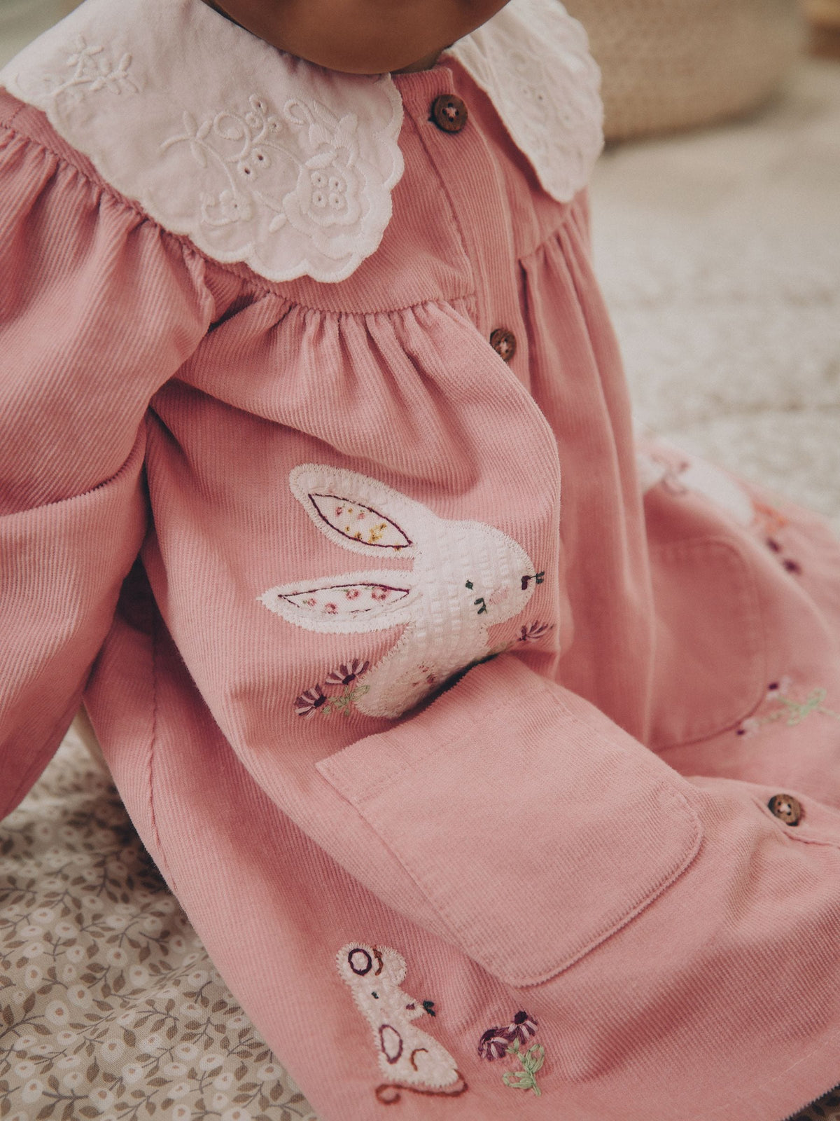 Pink Bunny Embroidered Cord Dress and Tight Baby 2 Piece Set (0mths-2yrs)