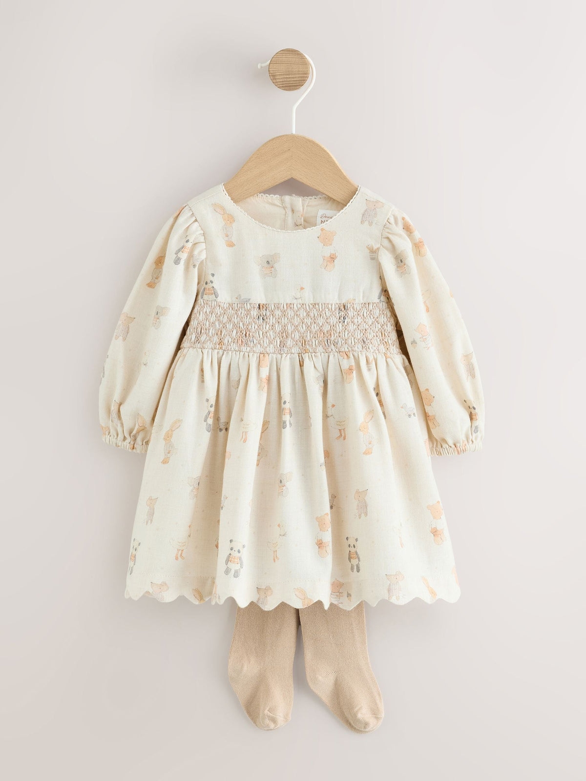 Ecru Animal Baby Smock Dress And Tights Set 2 Piece (0mths-2yrs)