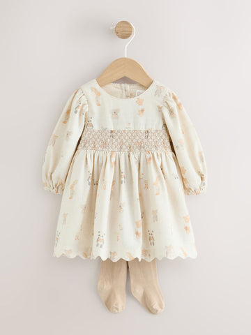 Ecru Animal Baby Smock Dress And Tights Set 2 Piece (0mths-2yrs)