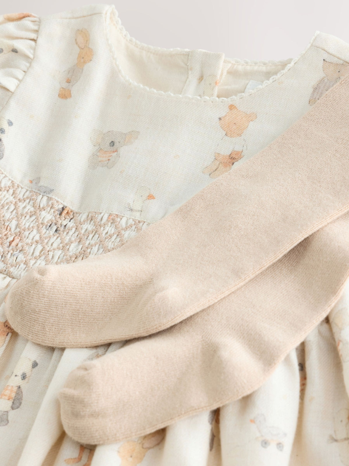 Ecru Animal Baby Smock Dress And Tights Set 2 Piece (0mths-2yrs)