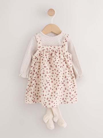 Ecru Floral Cord Baby Pinafore Long Sleeve Bodysuit And Tights 3 Piece Set (0mths-2yrs)