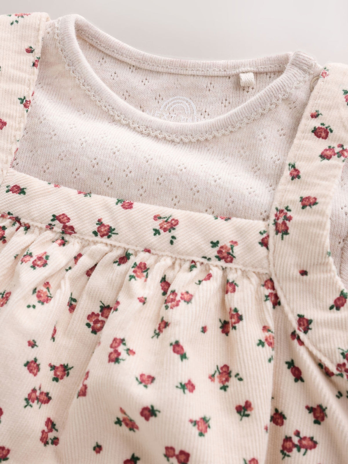 Ecru Floral Cord Baby Pinafore Long Sleeve Bodysuit And Tights 3 Piece Set (0mths-2yrs)