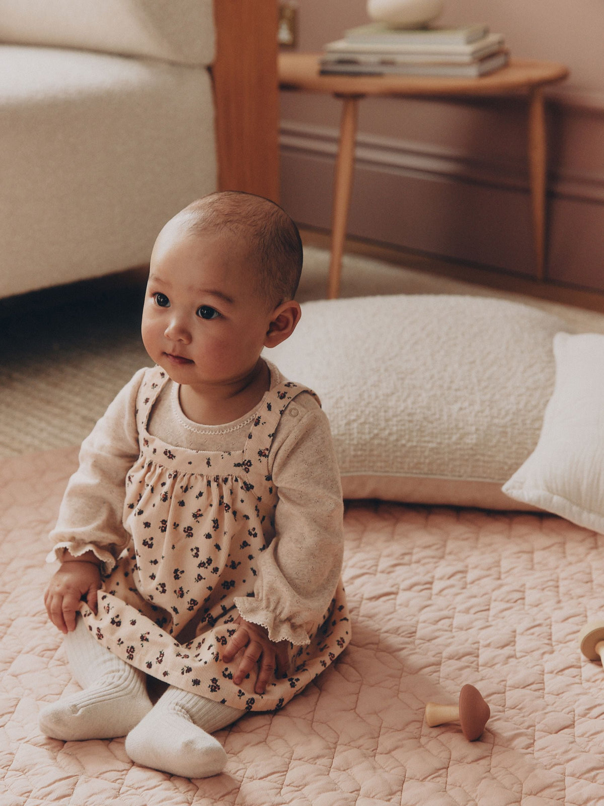 Ecru Floral Cord Baby Pinafore Long Sleeve Bodysuit And Tights 3 Piece Set (0mths-2yrs)