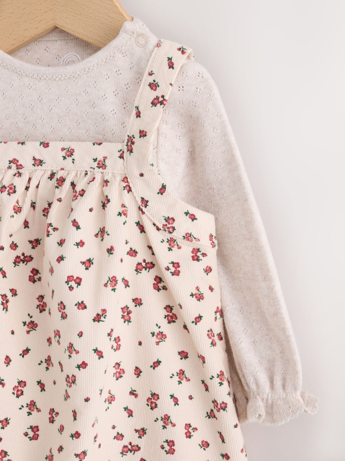 Ecru Floral Cord Baby Pinafore Long Sleeve Bodysuit And Tights 3 Piece Set (0mths-2yrs)