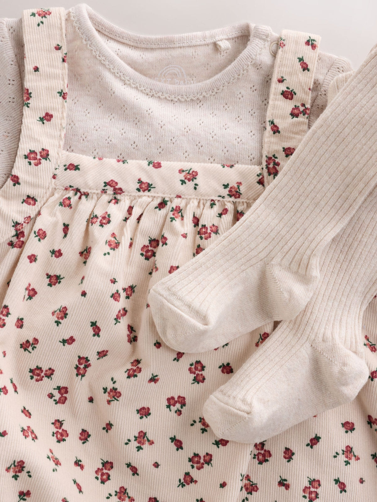 Ecru Floral Cord Baby Pinafore Long Sleeve Bodysuit And Tights 3 Piece Set (0mths-2yrs)
