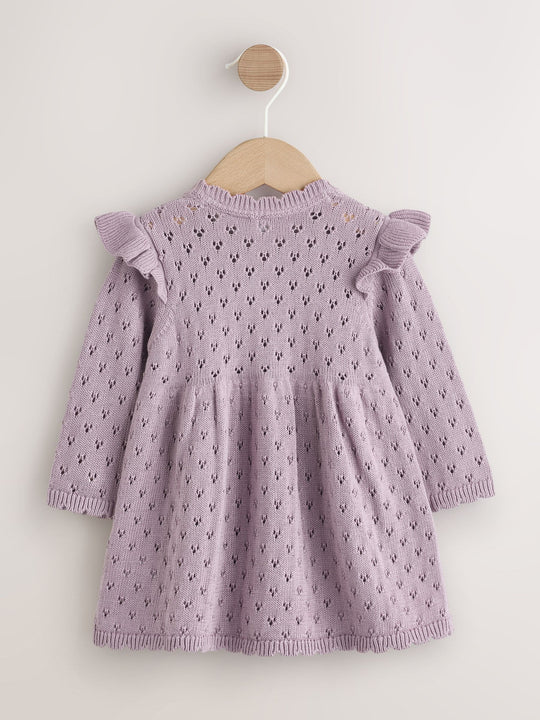 Lilac Purple Pointelle Knitted Frill Shoulder Baby Dress (0mths-2yrs)