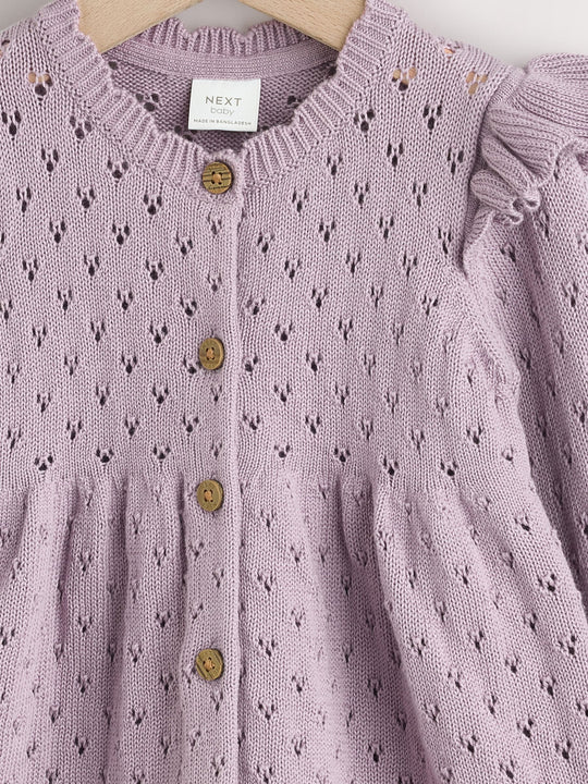 Lilac Purple Pointelle Knitted Frill Shoulder Baby Dress (0mths-2yrs)