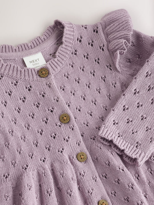 Lilac Purple Pointelle Knitted Frill Shoulder Baby Dress (0mths-2yrs)