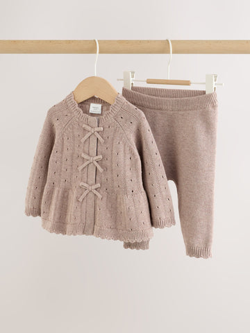 Chocolate Brown Frill Knitted Bow Baby Cardigan & Leggings Set 2 Piece (0mths-2yrs)