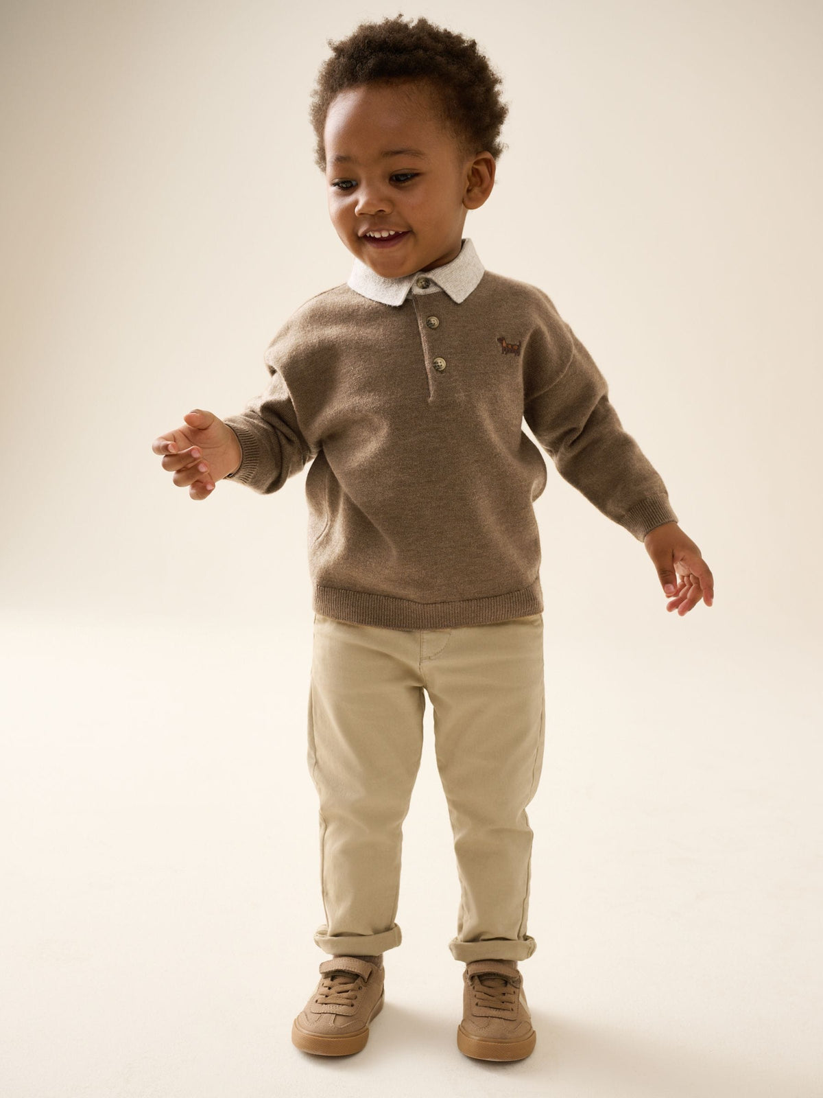 Tan Brown Contrast Collar Button Neck Knitted Polo Shirt (3mths-7yrs)