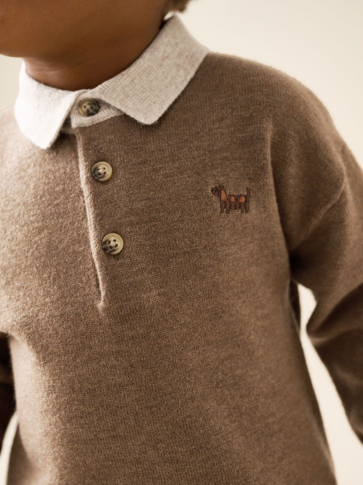 Tan Brown Contrast Collar Button Neck Knitted Polo Shirt (3mths-7yrs)