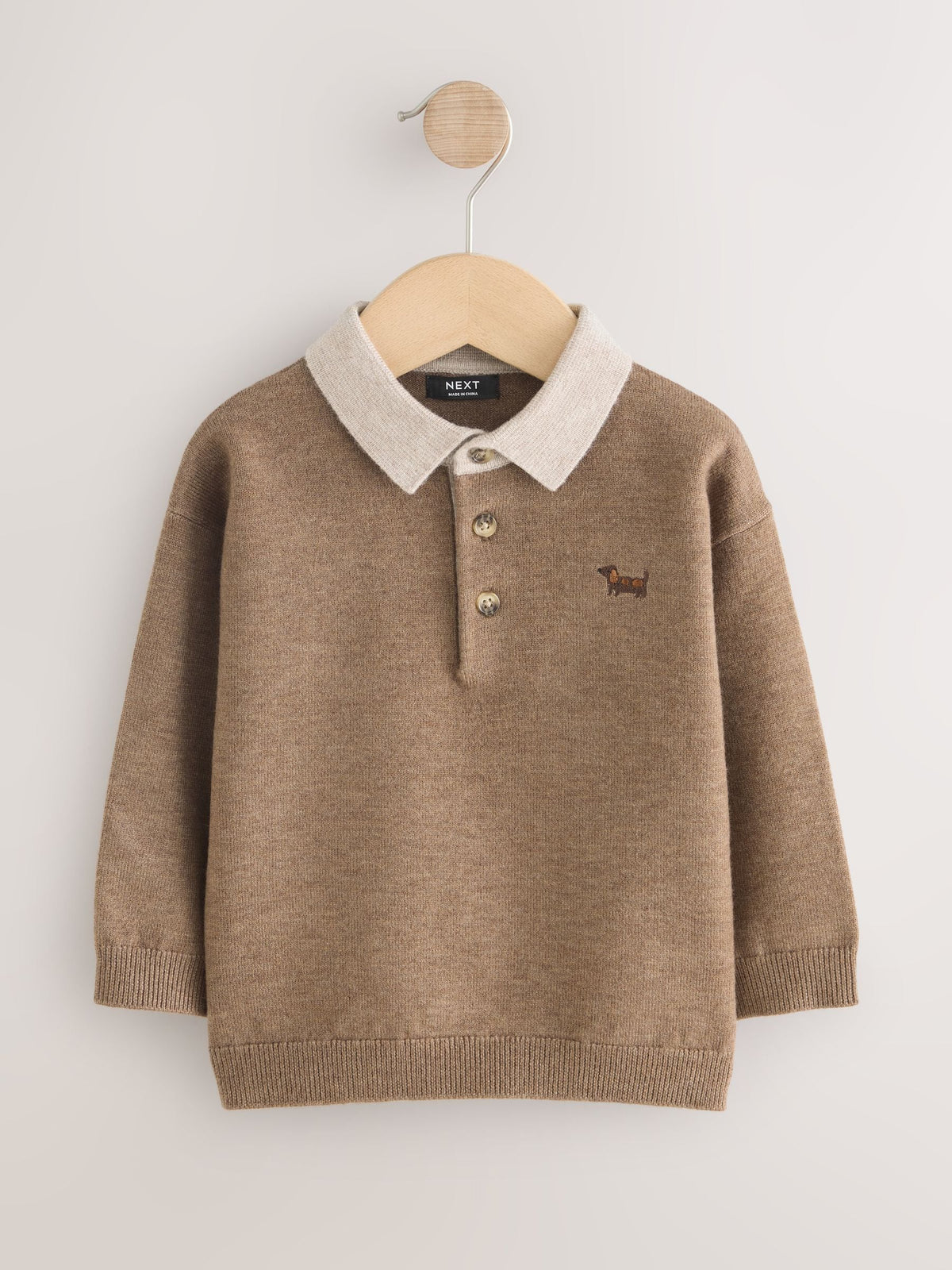 Tan Brown Contrast Collar Button Neck Knitted Polo Shirt (3mths-7yrs)