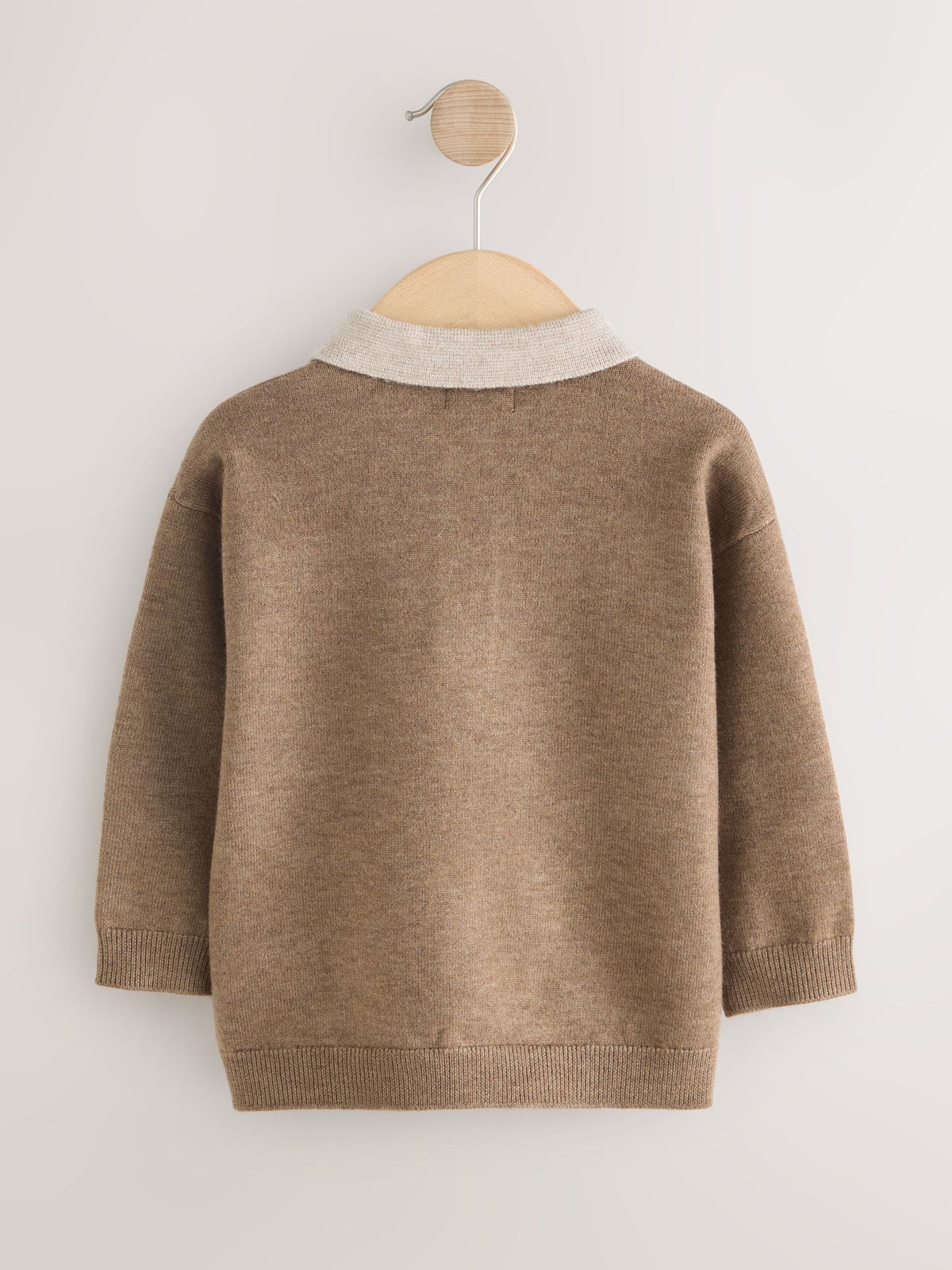 Tan Brown Contrast Collar Button Neck Knitted Polo Shirt (3mths-7yrs)