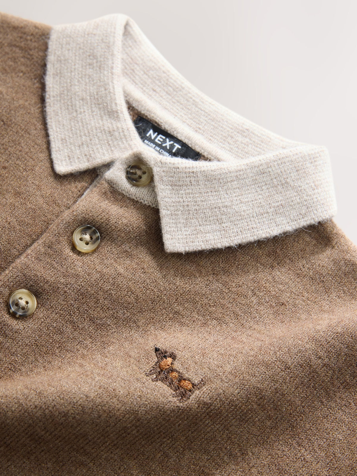 Tan Brown Contrast Collar Button Neck Knitted Polo Shirt (3mths-7yrs)