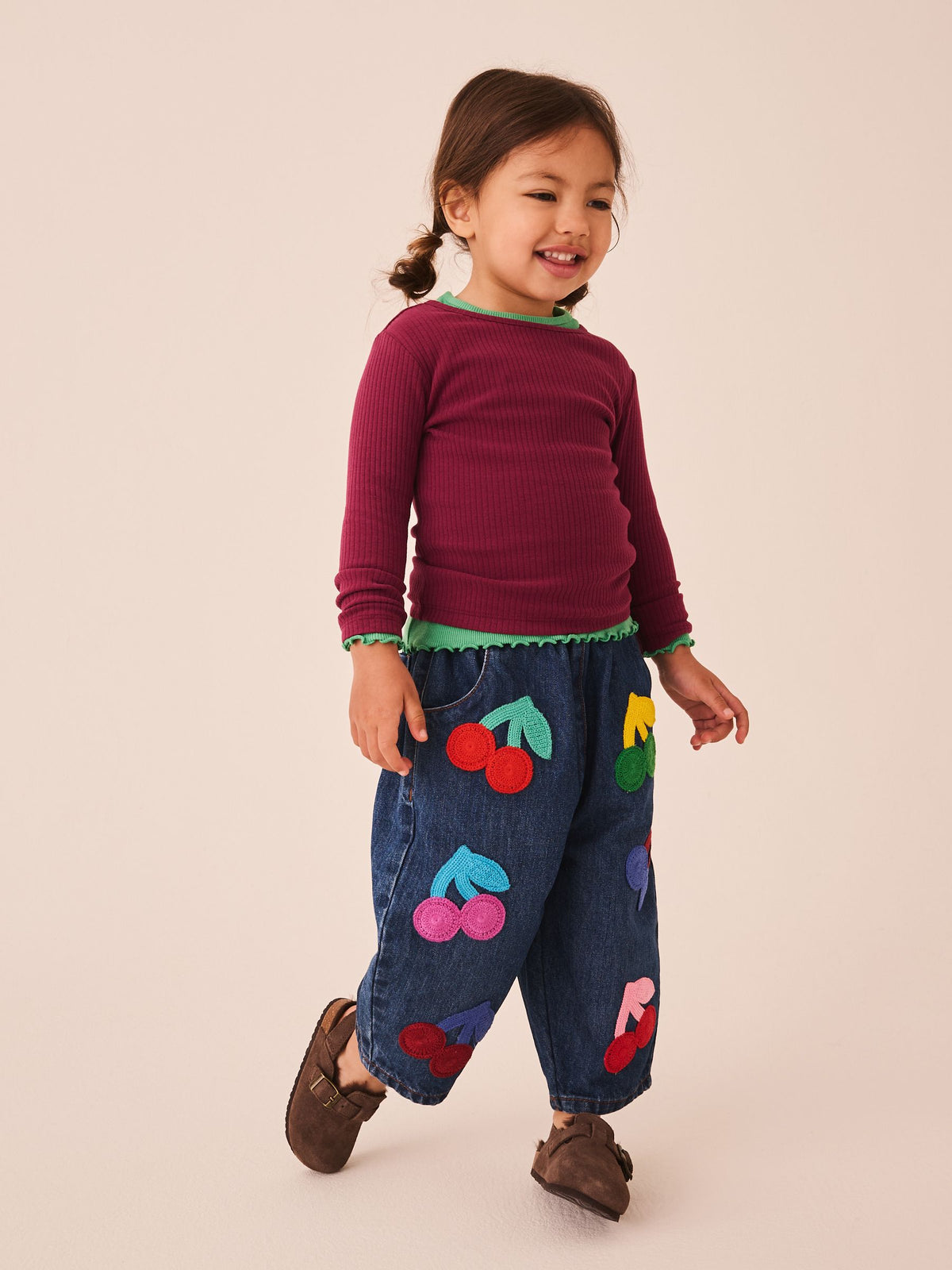 Rainbow Cherry Crochet Embroidered Barrel Jeans (3mths-7yrs)