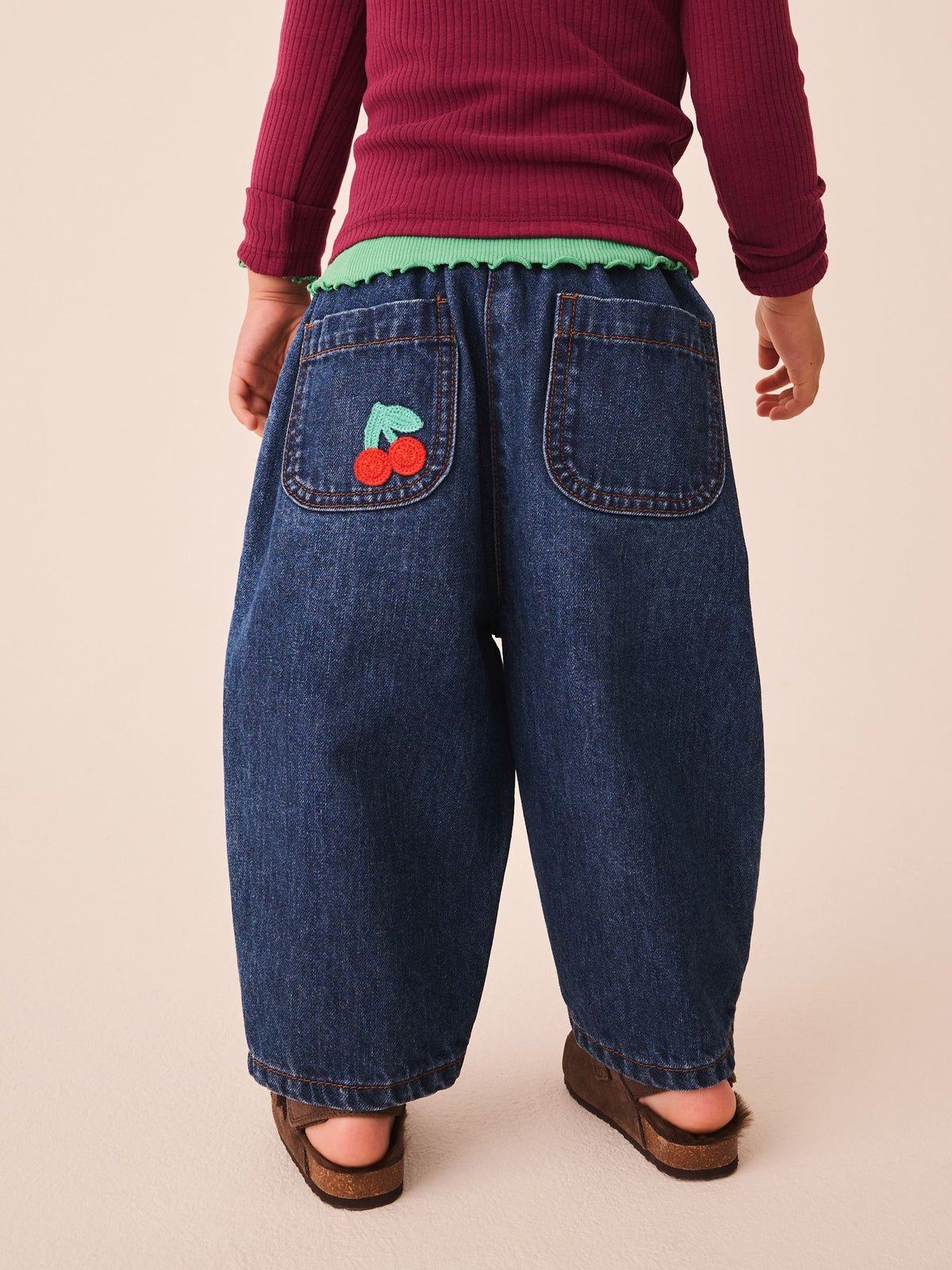 Rainbow Cherry Crochet Embroidered Barrel Jeans (3mths-7yrs)