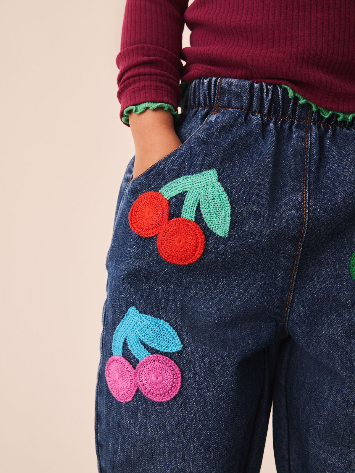Rainbow Cherry Crochet Embroidered Barrel Jeans (3mths-7yrs)