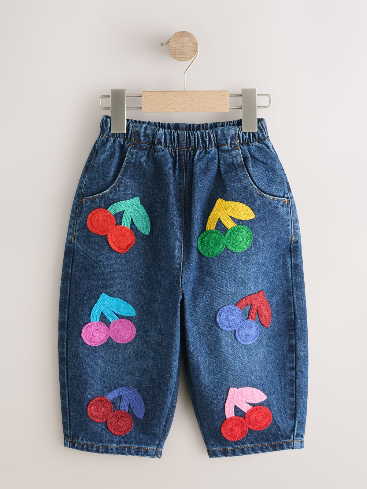 Rainbow Cherry Crochet Embroidered Barrel Jeans (3mths-7yrs)