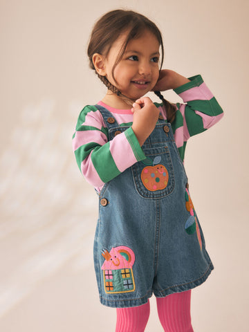 Denim Stripe T-Shirt Dungaree and Tights Set (3mths-7yrs)