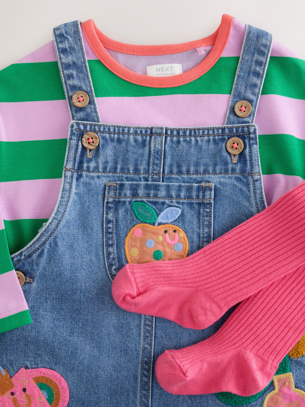 Denim Stripe T-Shirt Dungaree and Tights Set (3mths-7yrs)