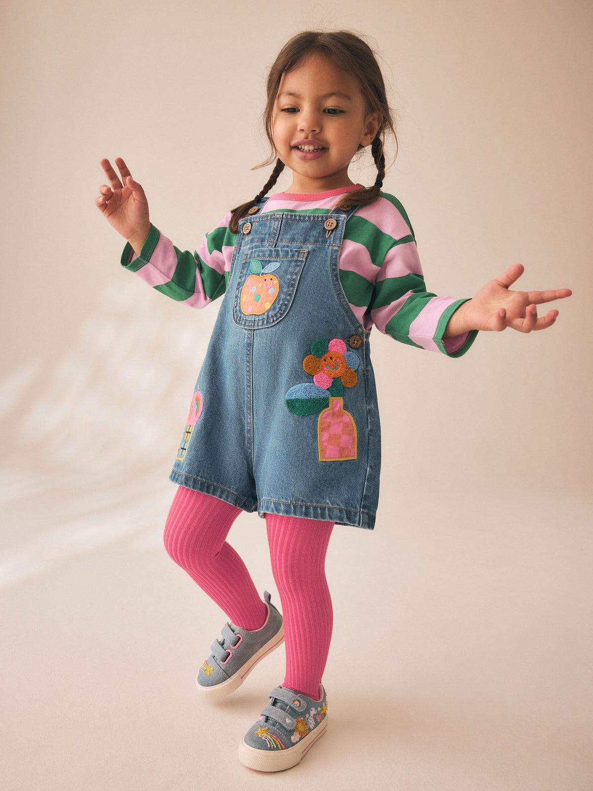 Denim Stripe T-Shirt Dungaree and Tights Set (3mths-7yrs)