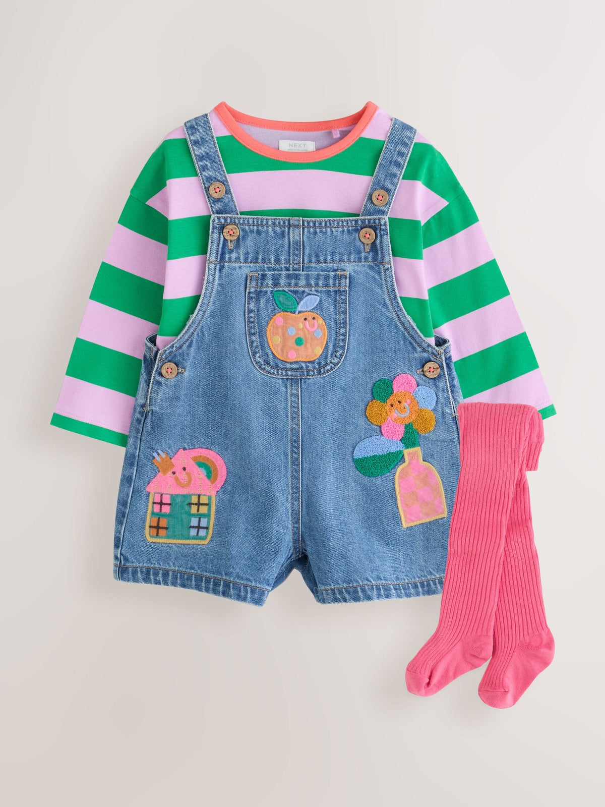 Denim Stripe T-Shirt Dungaree and Tights Set (3mths-7yrs)