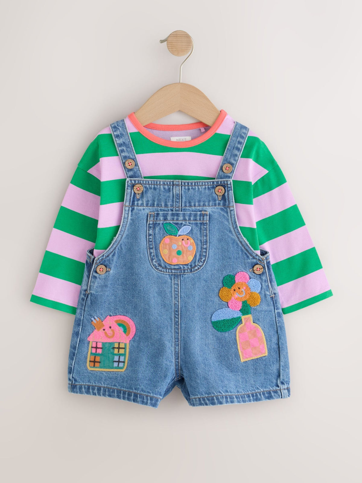 Denim Stripe T-Shirt Dungaree and Tights Set (3mths-7yrs)