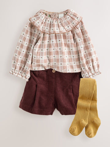 Chocolate Brown Cord Short, Blouse & Tight 3 Piece Set (3mths-7yrs)