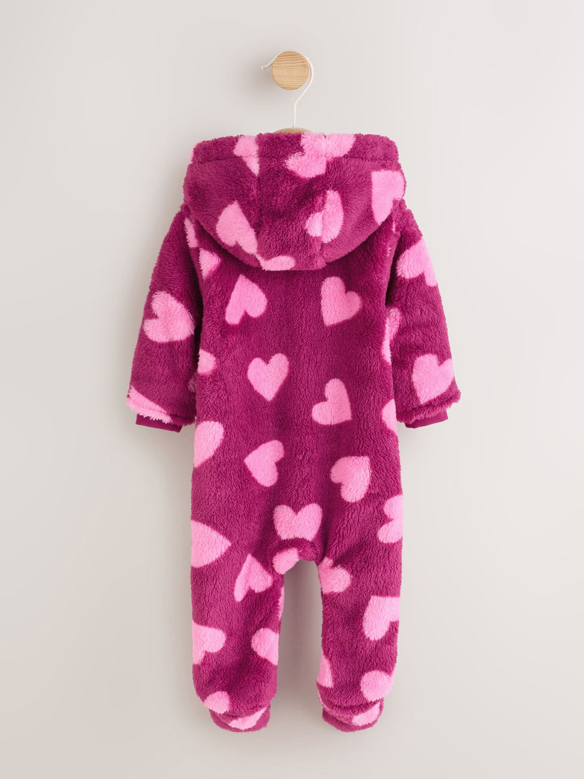 Pink Heart Printed Hooded Fleece Baby Pramsuit (0mths-2yrs)