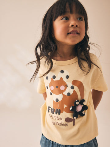 Ecru White Padded Cat Short Sleeve T-Shirt (3mths-7yrs)