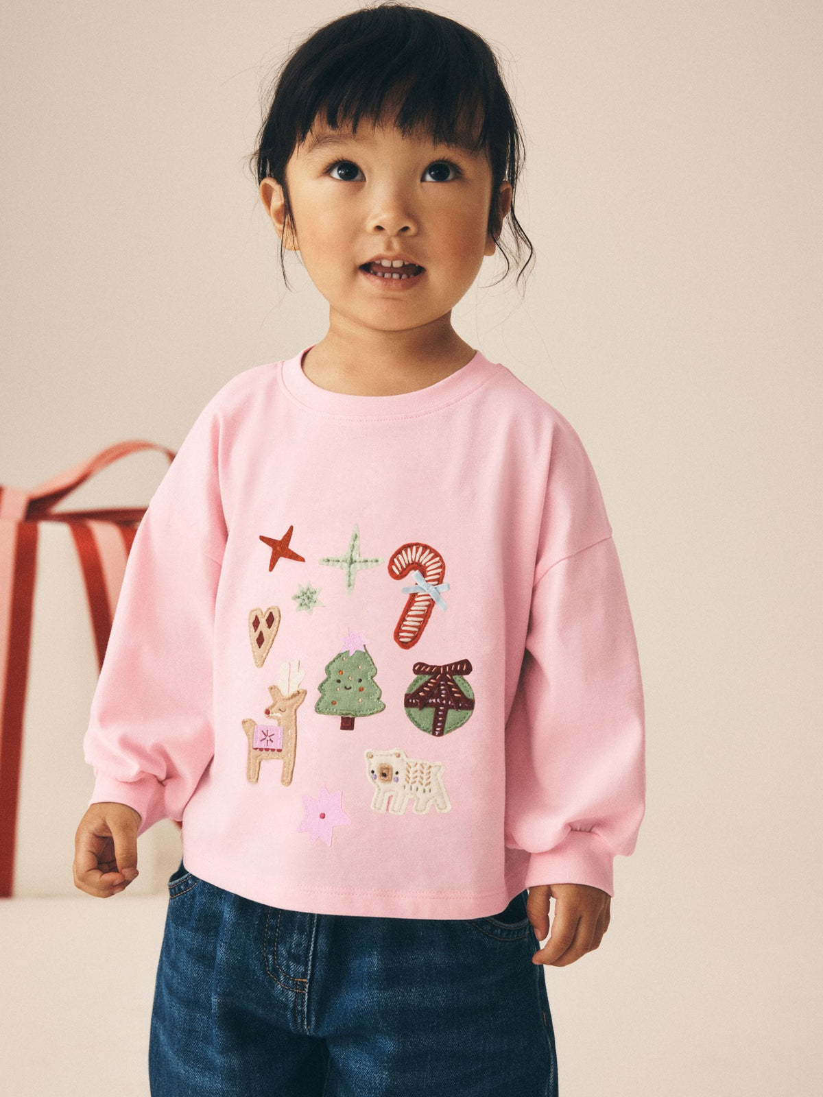 Light Pink Chistmas Applique Long Sleeve Top (3mths-7yrs)