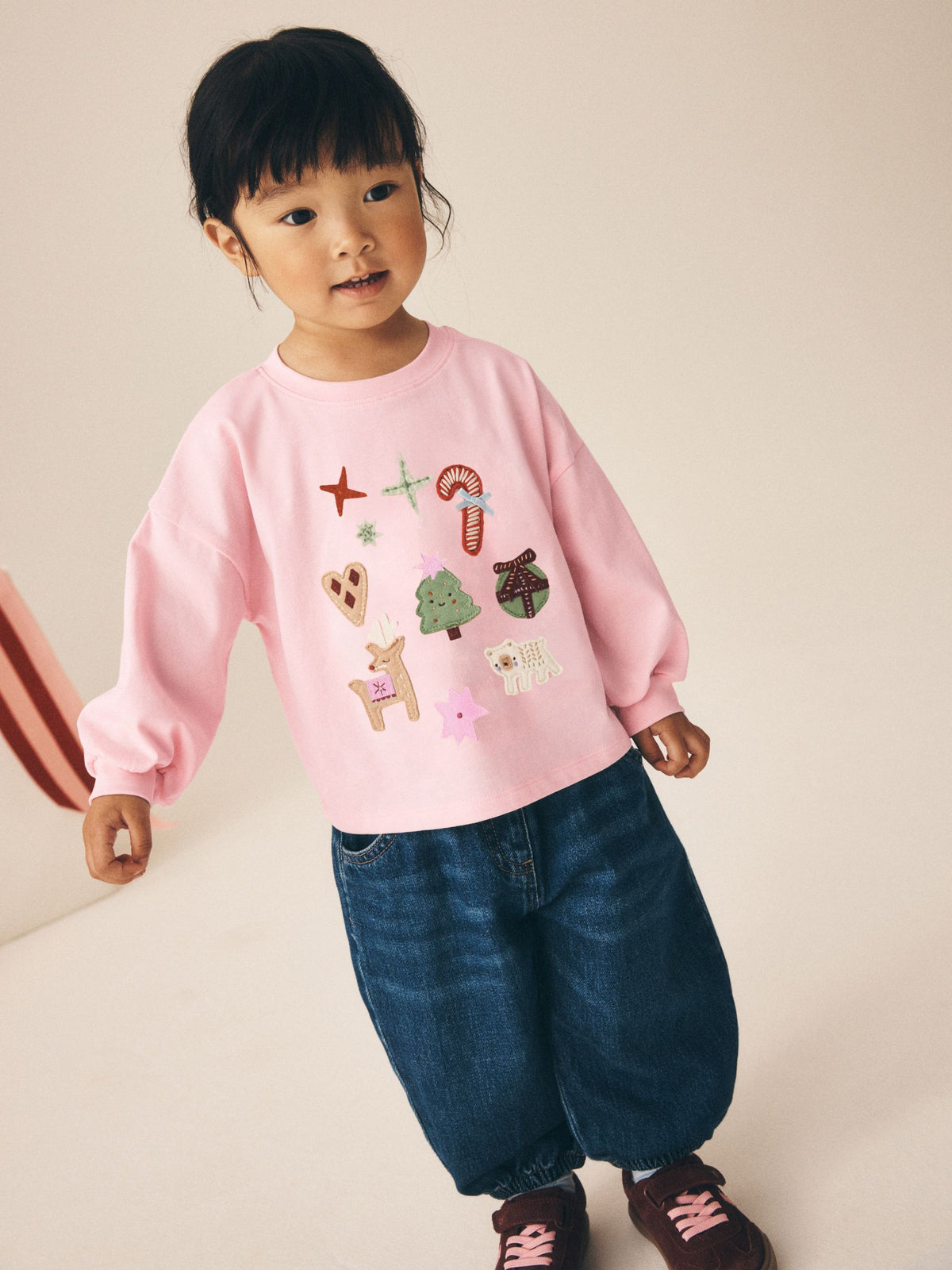 Light Pink Chistmas Applique Long Sleeve Top (3mths-7yrs)