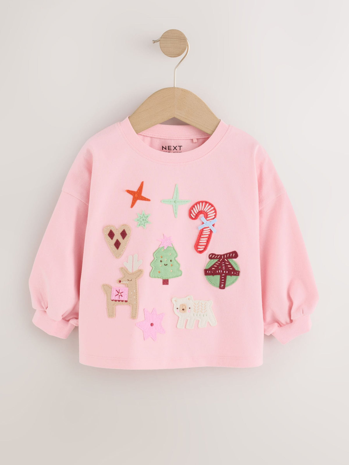 Light Pink Chistmas Applique Long Sleeve Top (3mths-7yrs)