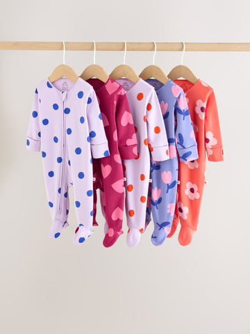 Purple/Pink Two Way Zip Baby Sleepsuits 5 Pack (0mths-2yrs)