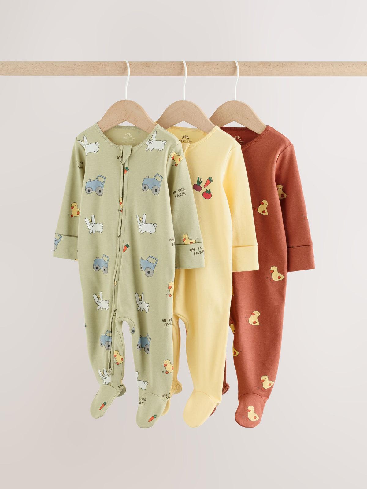 Yellow Farm Animals Two Way Zip Baby Sleepsuits 3 Pack (0mths-2yrs)