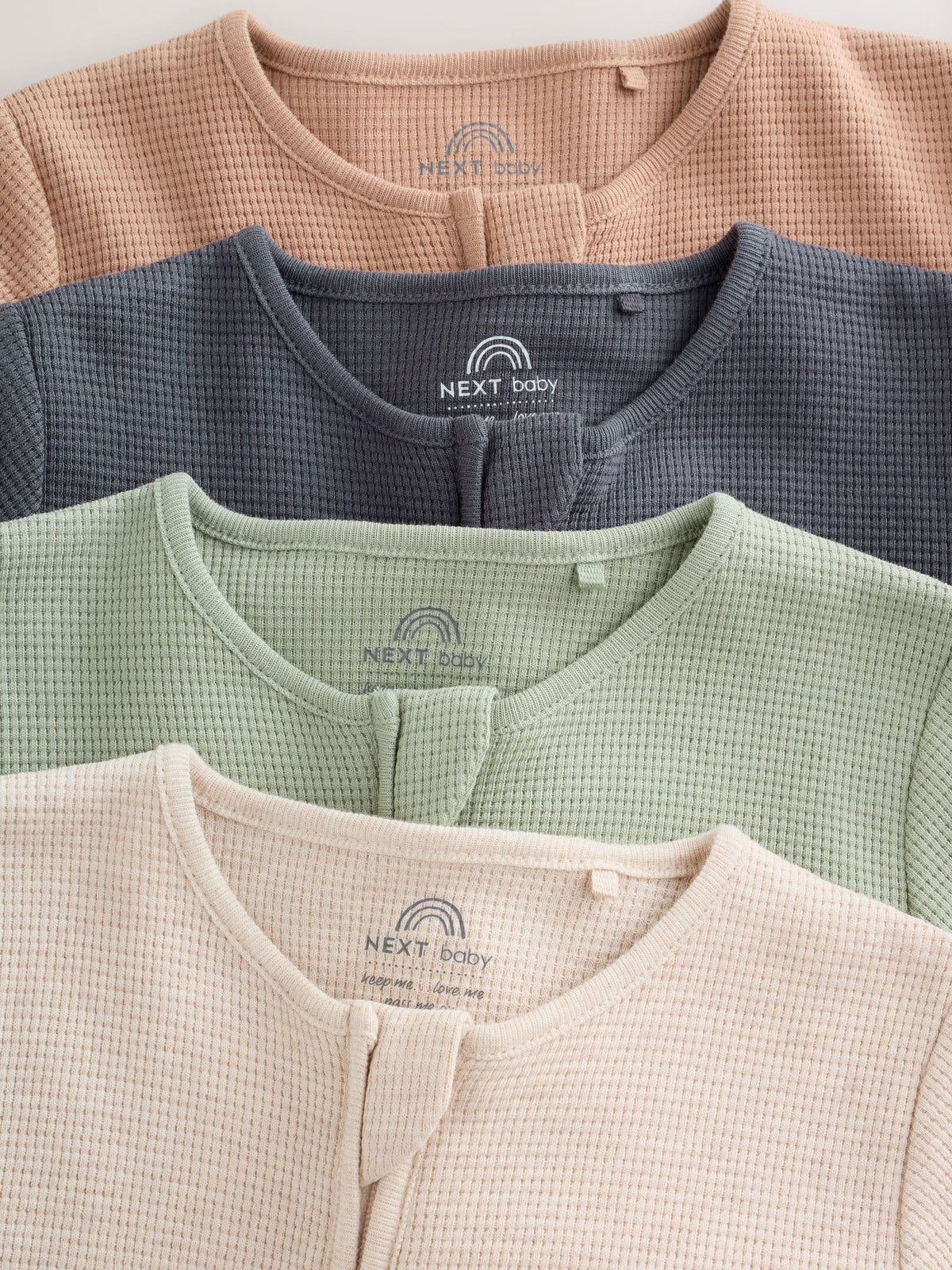 Neutral Sage Waffle Two Way Zip Baby Sleepsuits 4 Pack (0mths-3yrs)