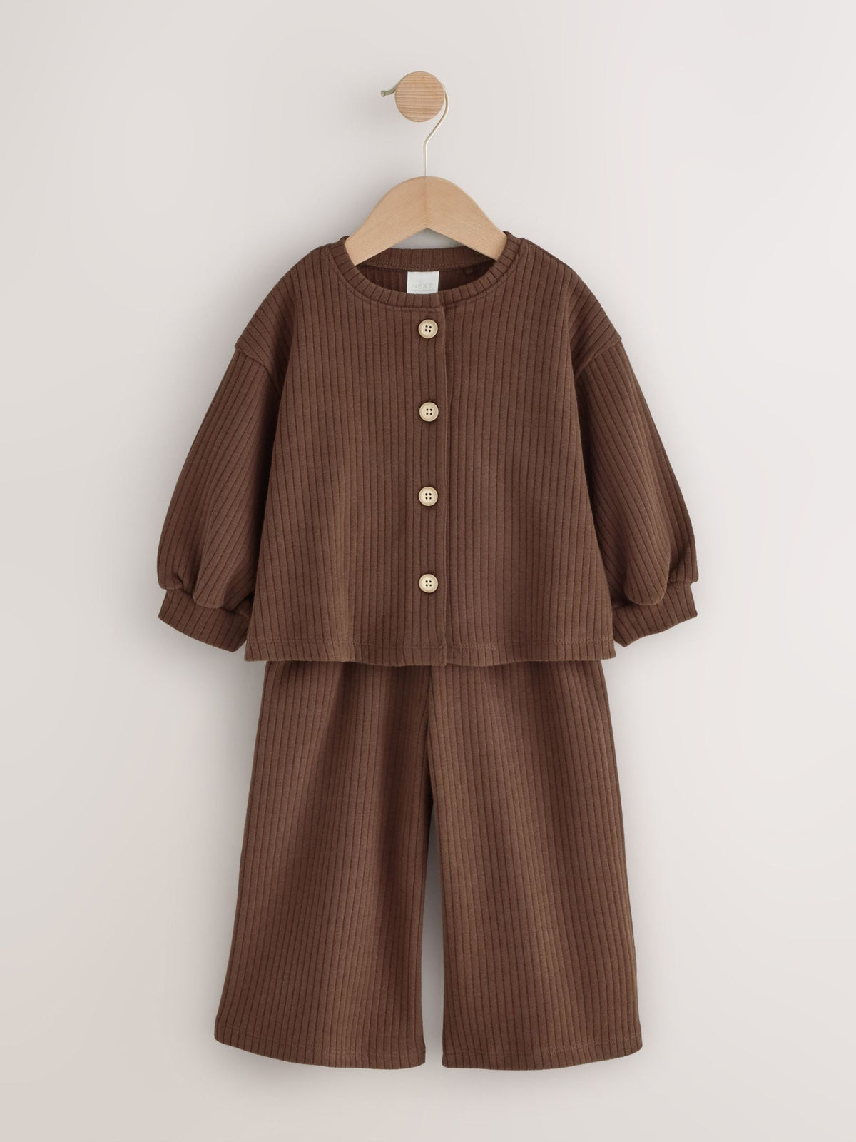 Chocolate Brown Ribbed Raglan Cardigan and Wide Leg Trousers Set (3mths-7yrs)