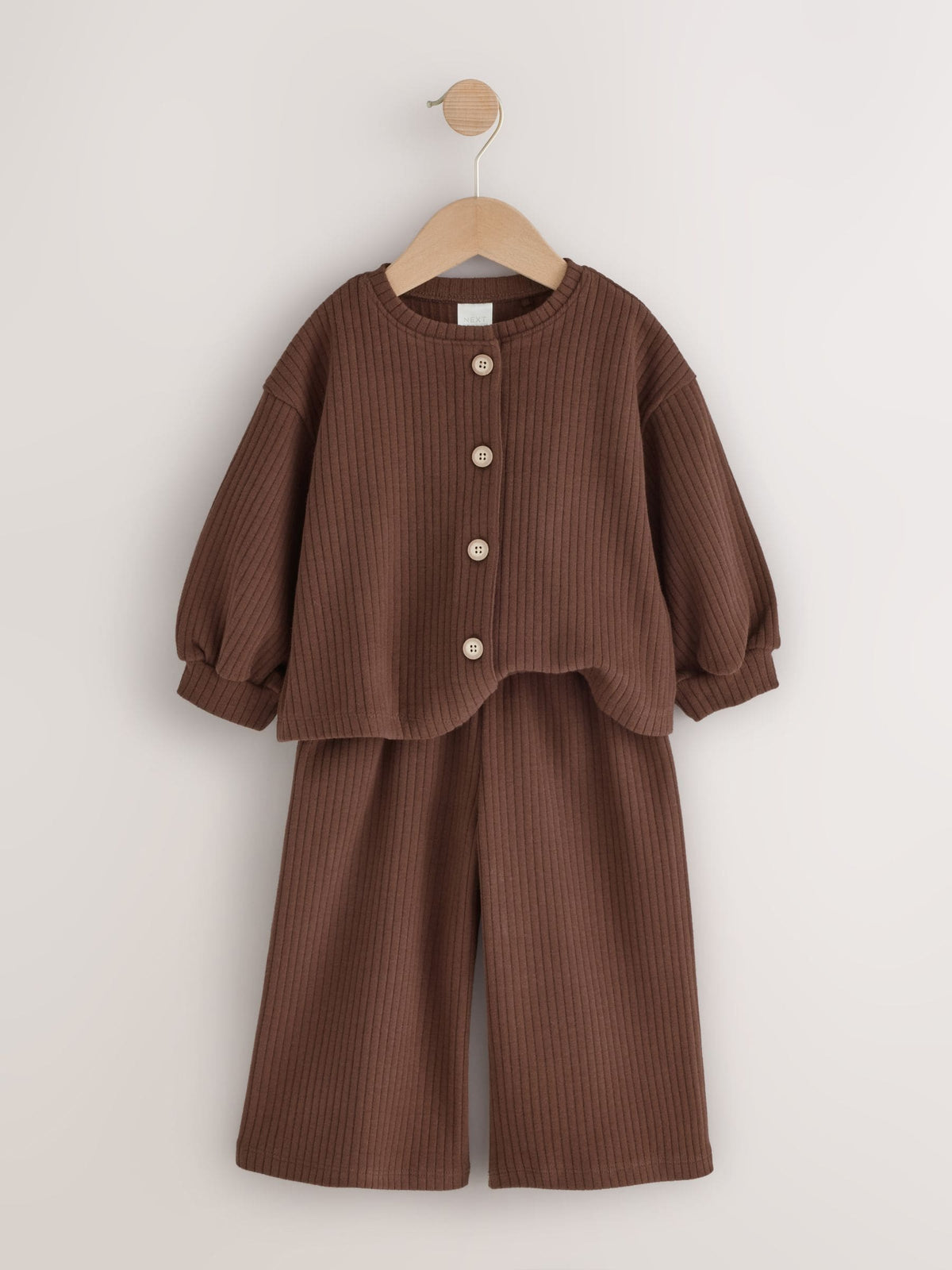 Chocolate Brown Ribbed Raglan Cardigan and Wide Leg Trousers Set (3mths-7yrs)