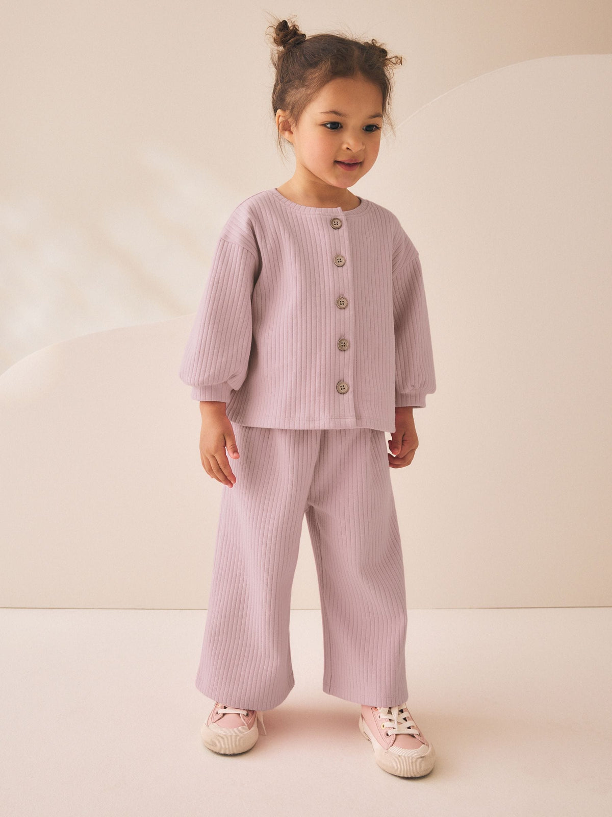 Pink Ribbed Raglan Cardigan and Wide Leg Trousers Set (3mths-7yrs)