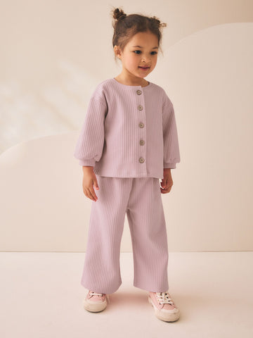 Pink Ribbed Raglan Cardigan and Wide Leg Trousers Set (3mths-7yrs)