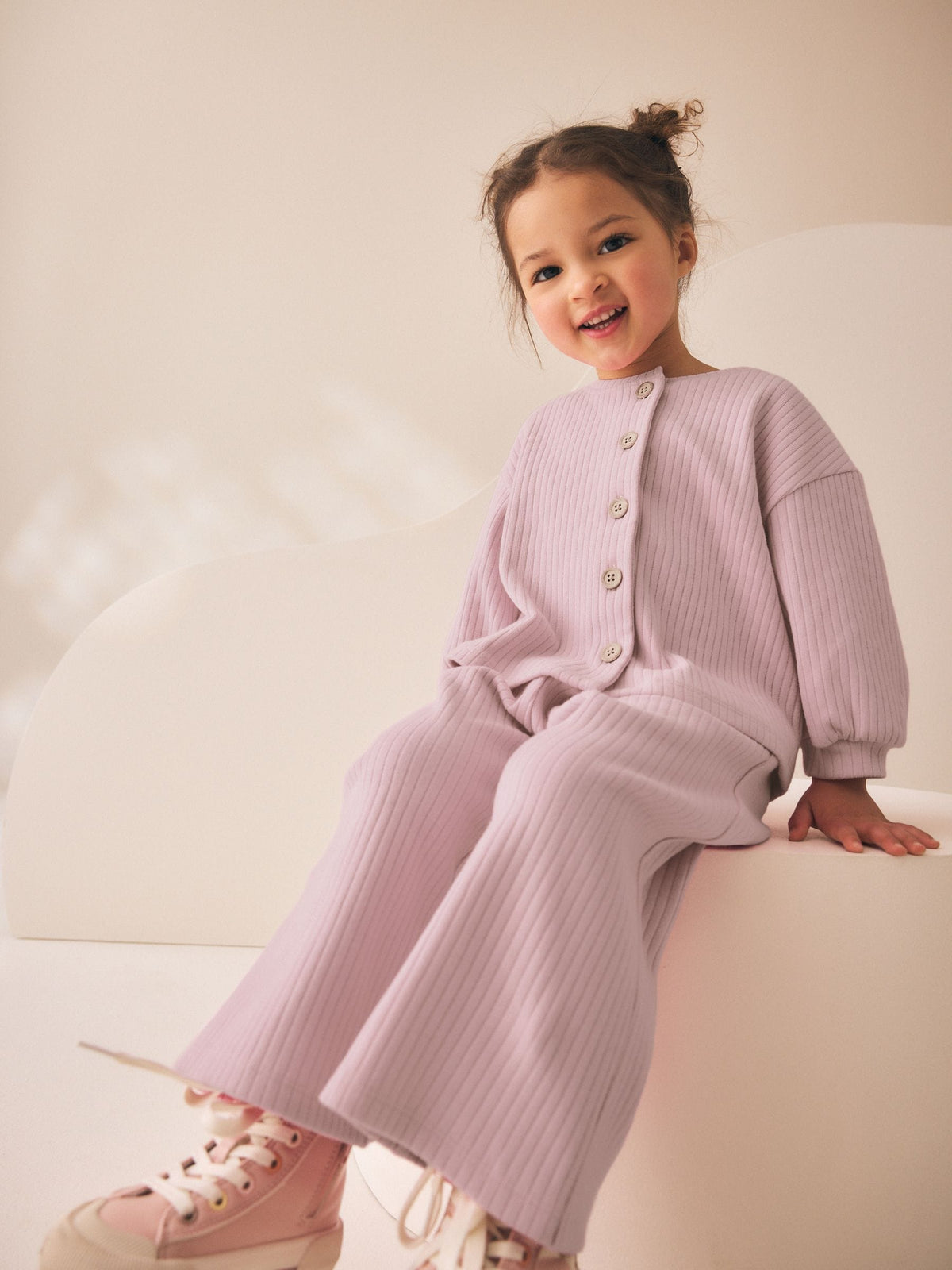 Pink Ribbed Raglan Cardigan and Wide Leg Trousers Set (3mths-7yrs)