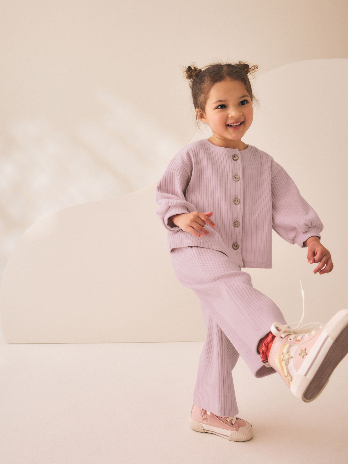 Pink Ribbed Raglan Cardigan and Wide Leg Trousers Set (3mths-7yrs)