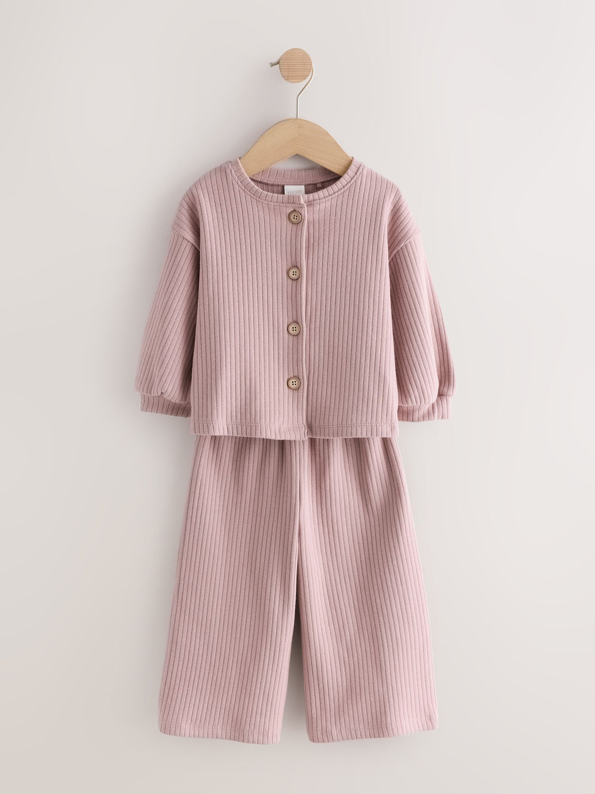 Pink Ribbed Raglan Cardigan and Wide Leg Trousers Set (3mths-7yrs)