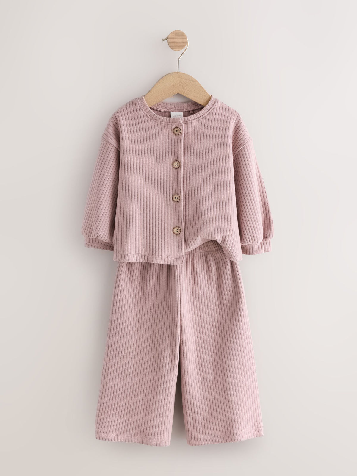 Pink Ribbed Raglan Cardigan and Wide Leg Trousers Set (3mths-7yrs)