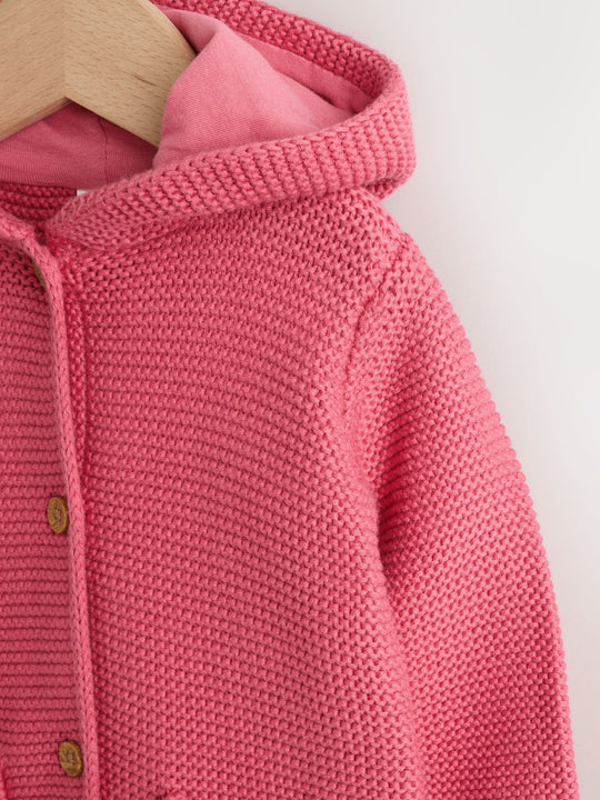 Raspberry Pink Hooded Knitted Baby Cardigan (0mths-2yrs)