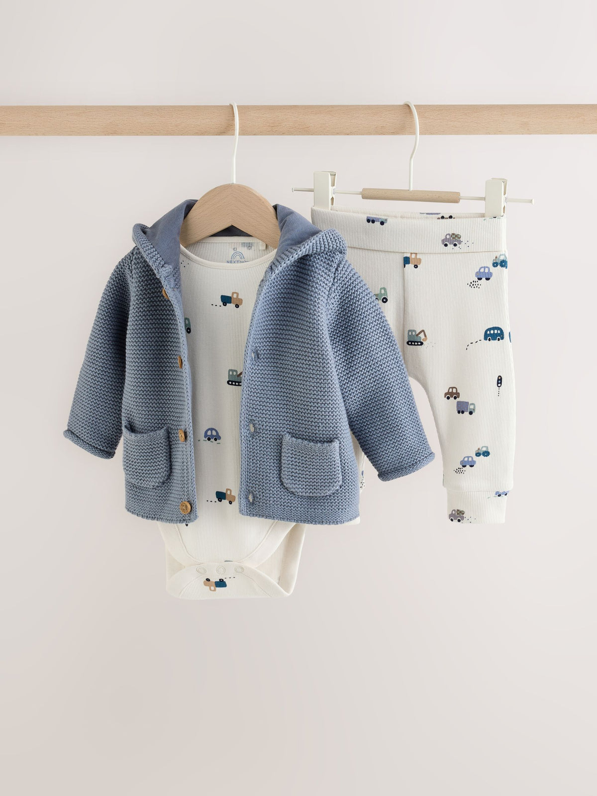 Blue Transport Baby Knitted Cardigan, Bodysuit and Leggings Set (0mths-2yrs)